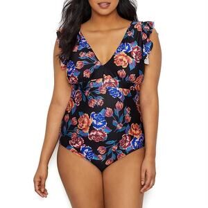 ModCloth Womens Kelsie One-Piece Swimsuit Ruffle Black‎ Blue Size XL